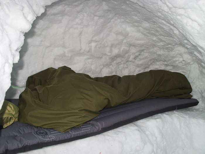 The old Sleeping system set up in a quinzhee - Ice Raven - Sub Zero Adventure - Copyright Gary Waidson, All rights reserved.