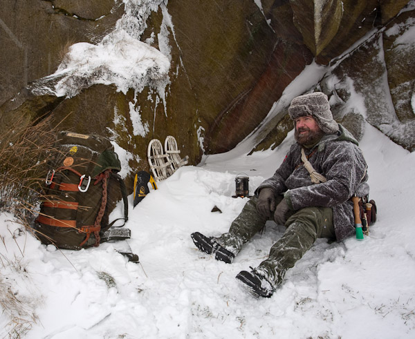 Using my hobo stove to melt snow for a drink. - Ice Raven - Sub Zero Adventure - Copyright Gary Waidson, All rights reserved.