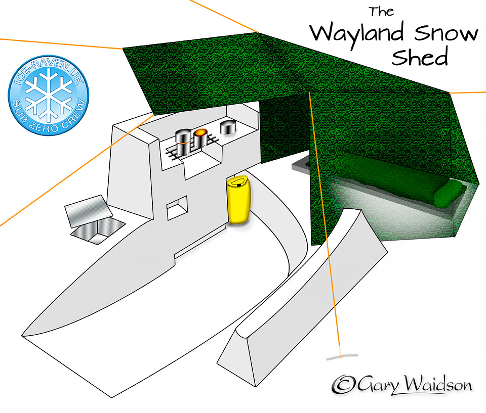 The Wayland Snow Shed with a kitchen area - Ice Raven - Sub Zero Adventure - Copyright Gary Waidson, All rights reserved.