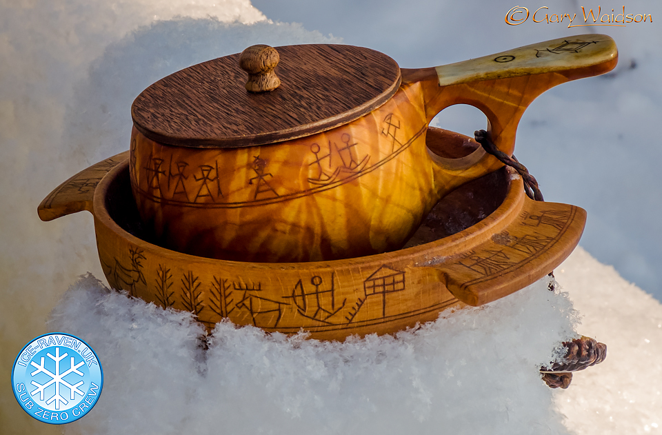 Saivo Bowl and Firefox Kuksa inSnow - Ice Raven - Sub Zero Adventure - Copyright Gary Waidson, All rights reserved.